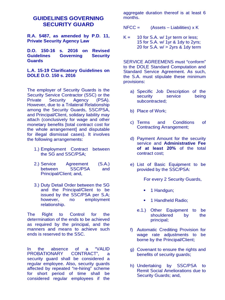DOLE Guidelines for Security Guards | PDF | Employment | Wage
