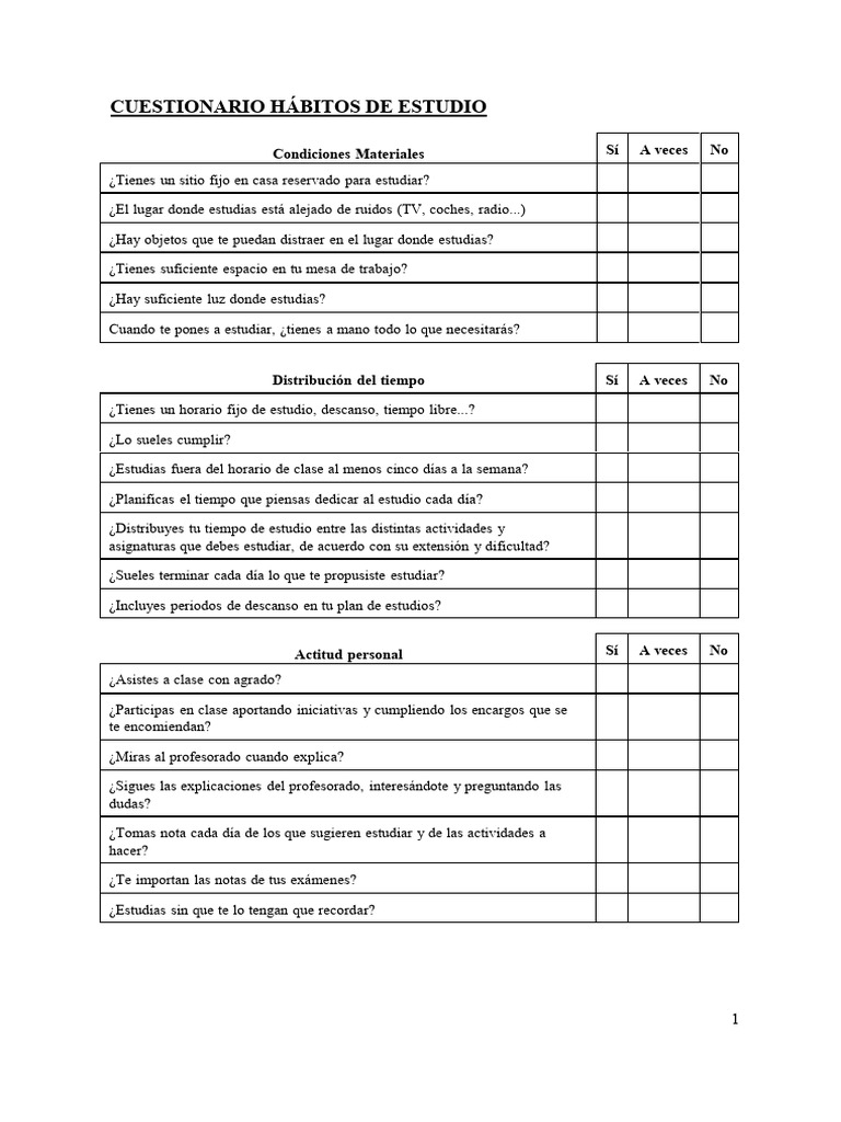 Cuestionario Hábitos de Estudio | PDF