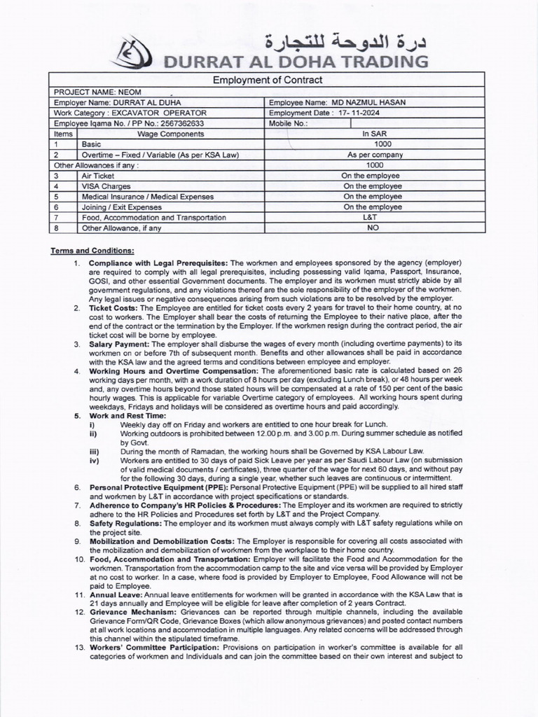 NEOM Excavator Operator Employment Contract | PDF | Overtime | Employment