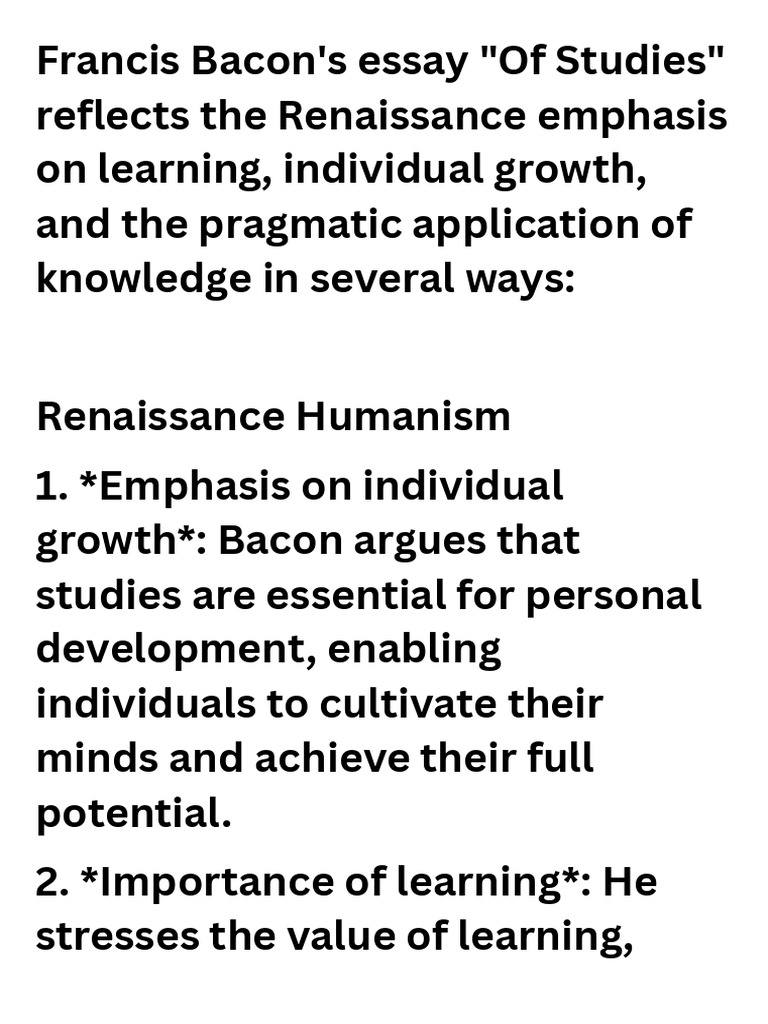 Francis Bacon's Essay of Studies Reflects The Renaissance Emphasis On ...
