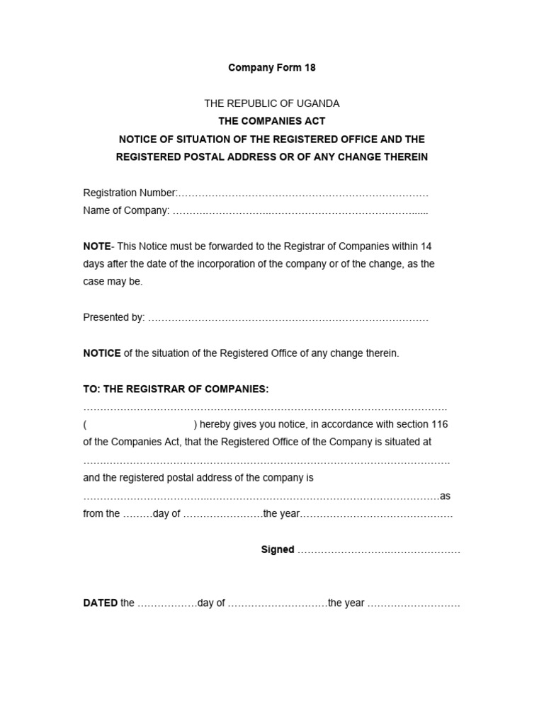 Notice of Situation of The Registered Office and The Registered Postal ...