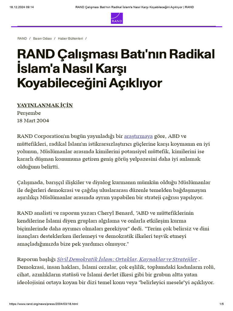 RAND Çalışması Batı'nın Radikal İslam'a Nasıl Karşı Koyabileceğini ...
