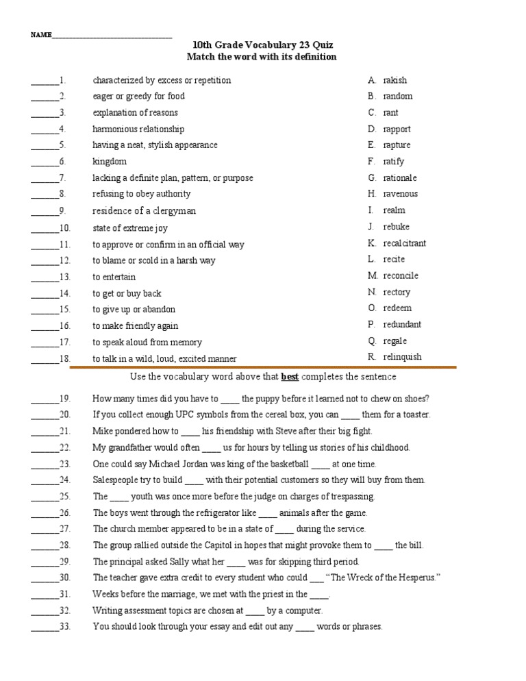 English Worksheets 10th Grade