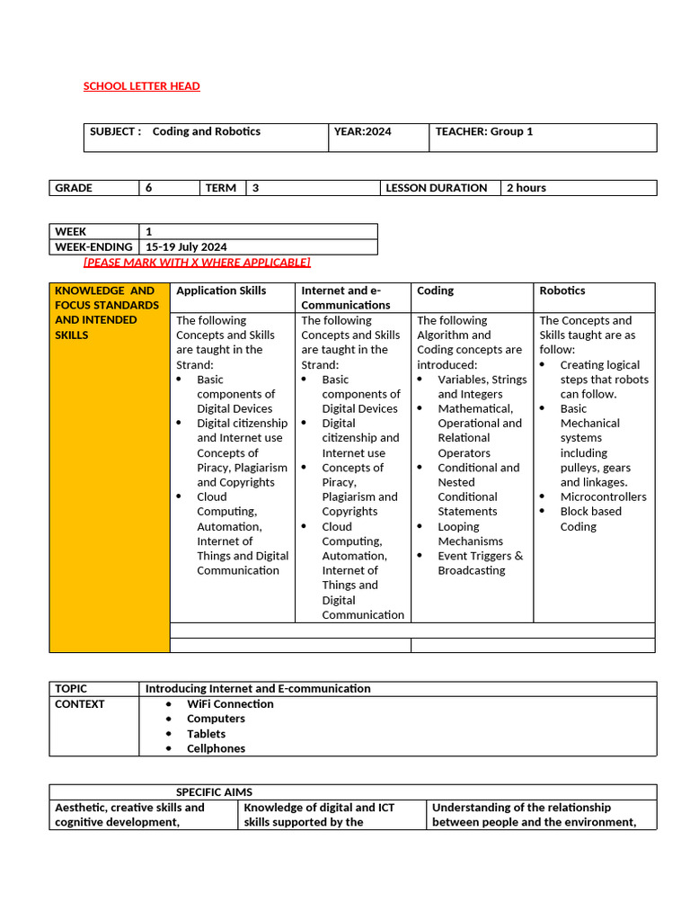 Grade 6 Robotics Group Week 1 Lesson Plan Pdf Learning Internet