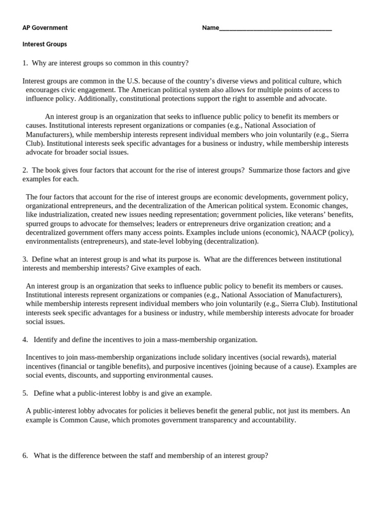 Interest Groups Guided Reading | PDF | Advocacy Group | Policy
