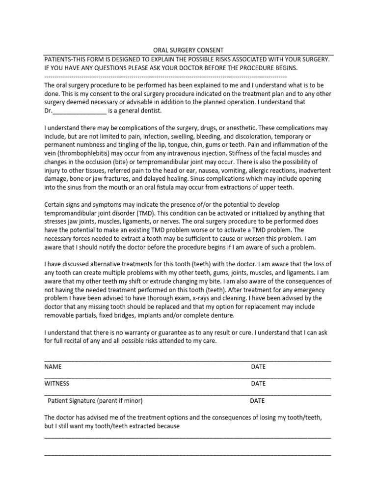 Oral Surgery Consent Form Explained | PDF | Surgery | Clinical Medicine