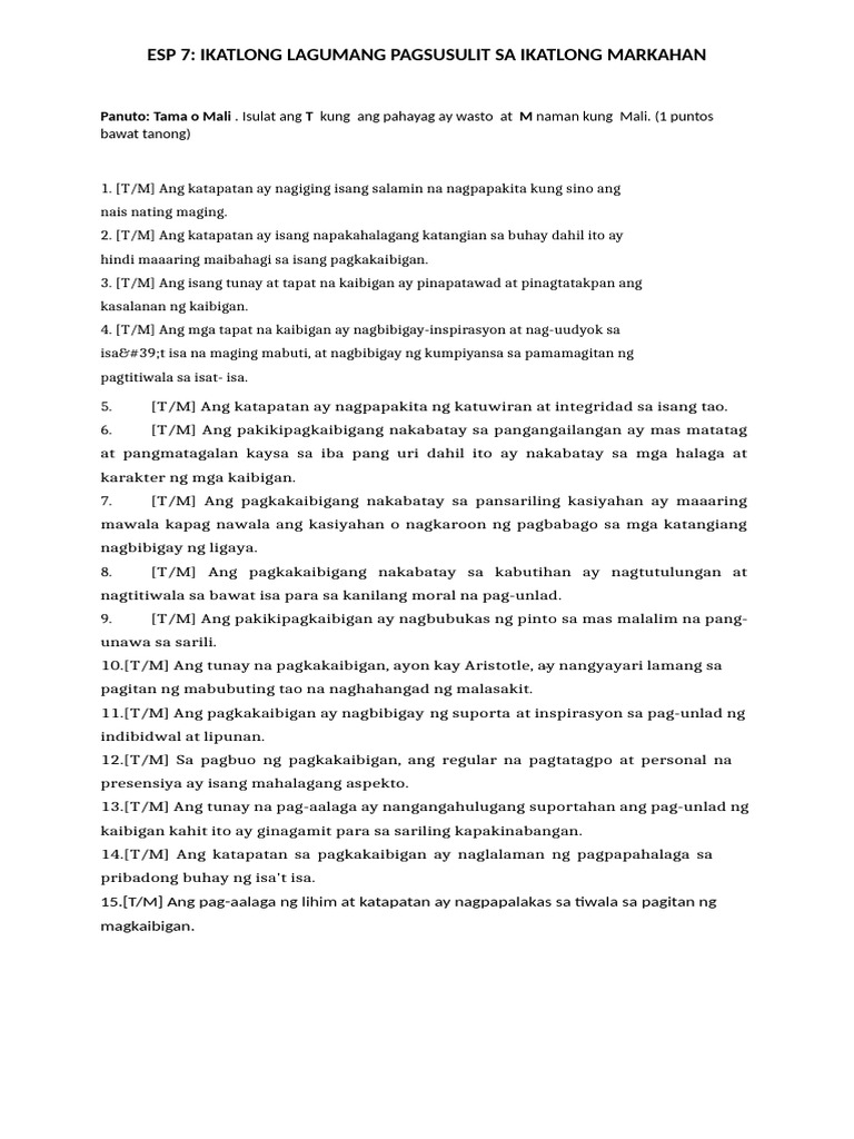 ESP 7 - 3rd Summative Test | PDF