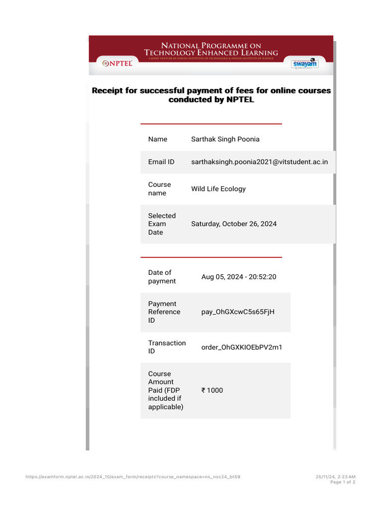 NPTEL Course Payment Receipt: Wild Life Ecology | PDF | Receipt | Payments