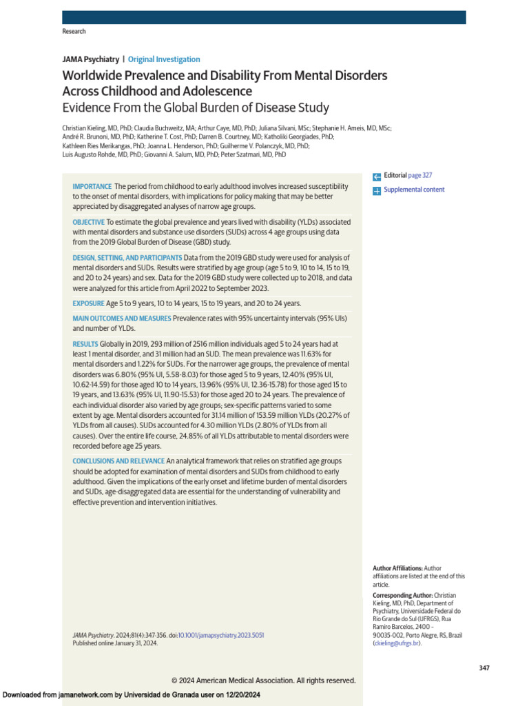 Global Mental Disorder Prevalence in Youth | PDF | Mental Disorder ...