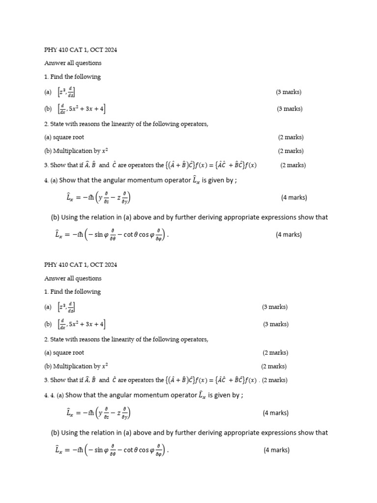 PHY 410 CAT 1 | PDF | Physical Quantities | Physics