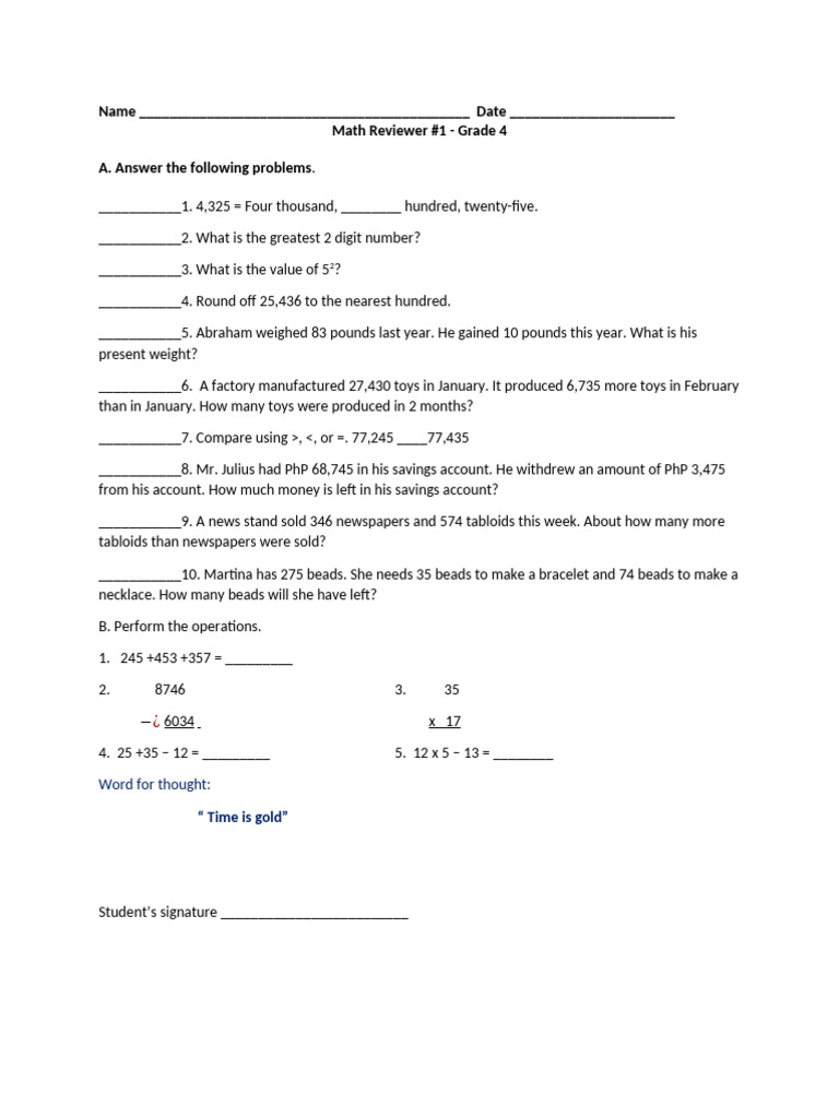 Elementary Math Reviewer #1 | PDF