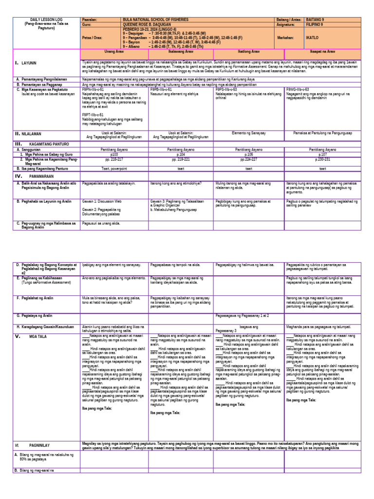 Filipino 9 Quarter 3 W4 DLL | PDF