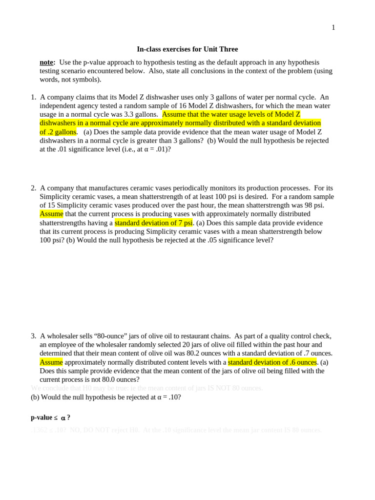 In-Class Exercises For Unit Three | PDF | Statistical Significance | P ...