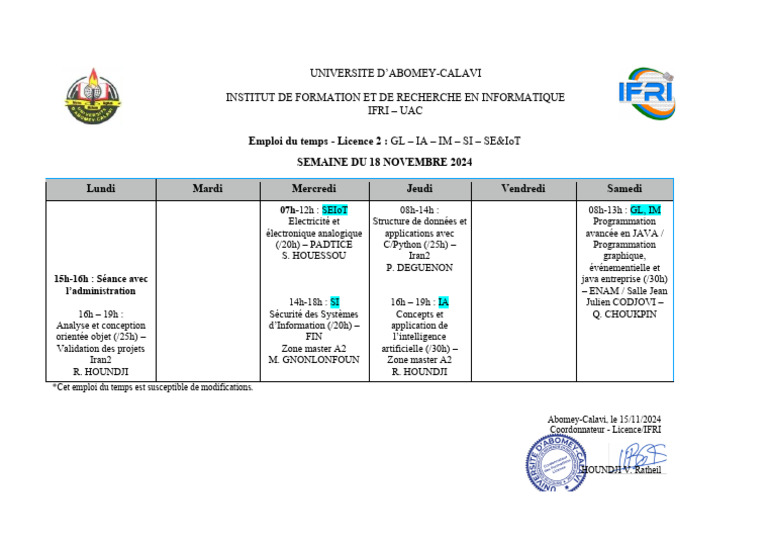 Emploi du temps Licence 2 IFRI UAC 2024 | PDF | Informatique | Sciences ...