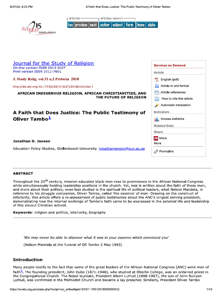 A Faith That Does Justice - The Public Testimony of Oliver Tambo | PDF