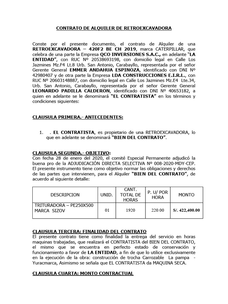 Contrato de Alquiler Retroexcavadora 2019 | PDF | Arbitraje | Daños y ...