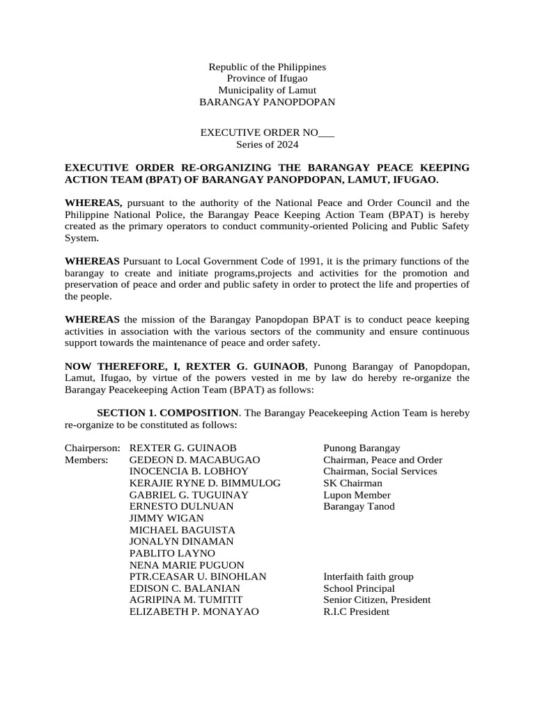 Reorganizing BPAT in Barangay Panopdopan | PDF | Peacekeeping | Government