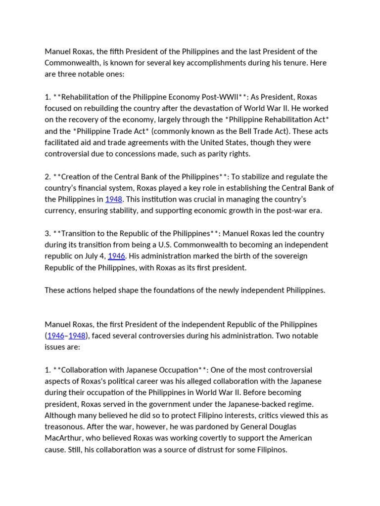 Roxas: First President of Independent Philippines | PDF | Philippines ...