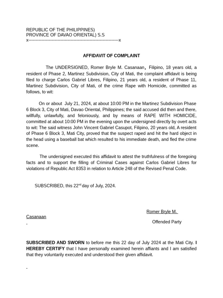 Affidavit of Rape with Homicide Case | PDF