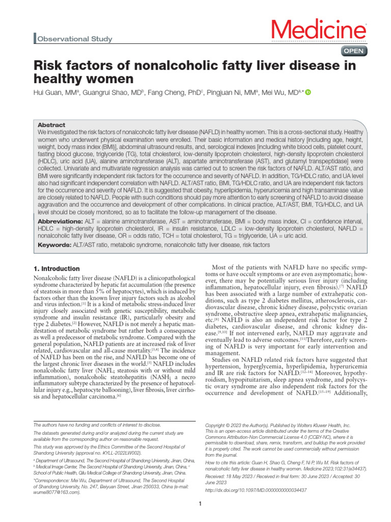Risk Factors of Nonalcoholic Fatty Liver Disease in Healthy Women ...