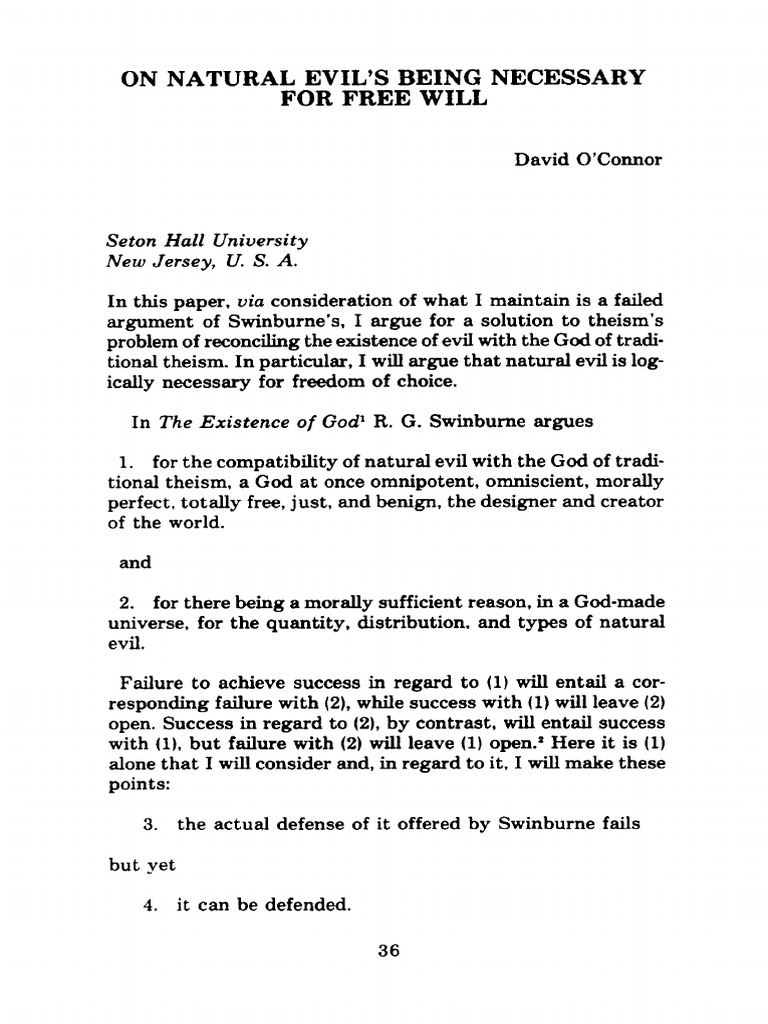 David O'connor - On Natural Evil's Being Necessary For Free Will | PDF ...