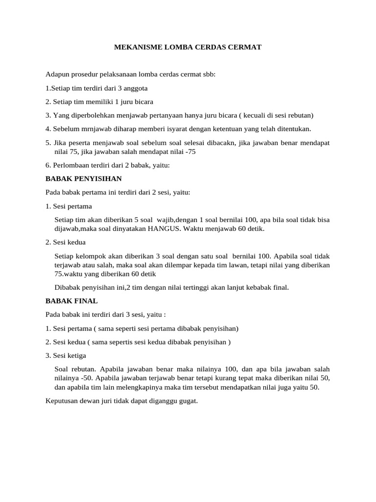 Mekanisme Lomba Cerdas Cermat | PDF