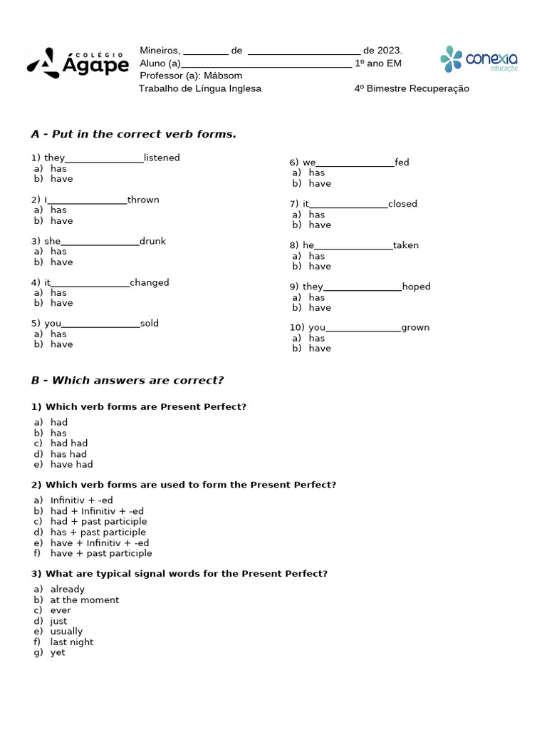 Present Perfect Verb Form Exercises | PDF | Linguistic Typology ...