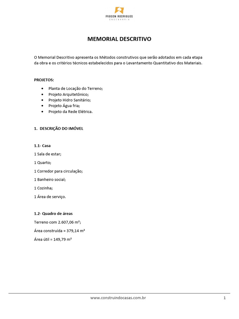 Memorial Descritivo de Construção Civil | PDF | Argamassa (alvenaria ...