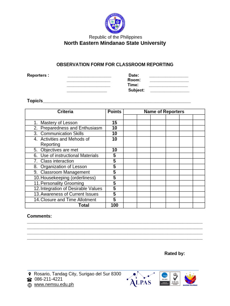 Classroom Reporting Observation Form | PDF