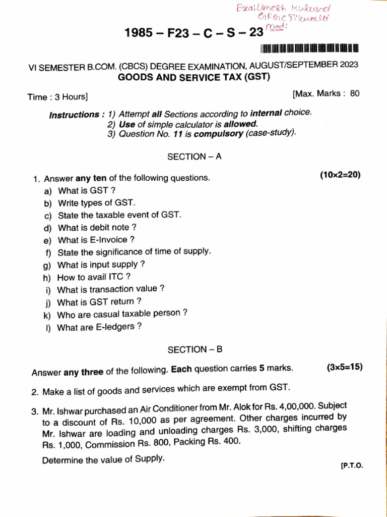 GST Exam Questions and Case Study 2023 | PDF | Value Added Tax | Taxes