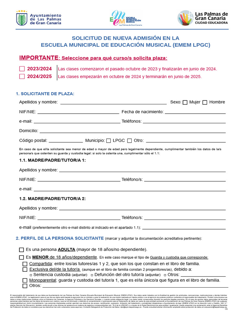 Solicitud Admisión EMEM LPGC 2023-2025 | PDF | Instrumentos musicales ...