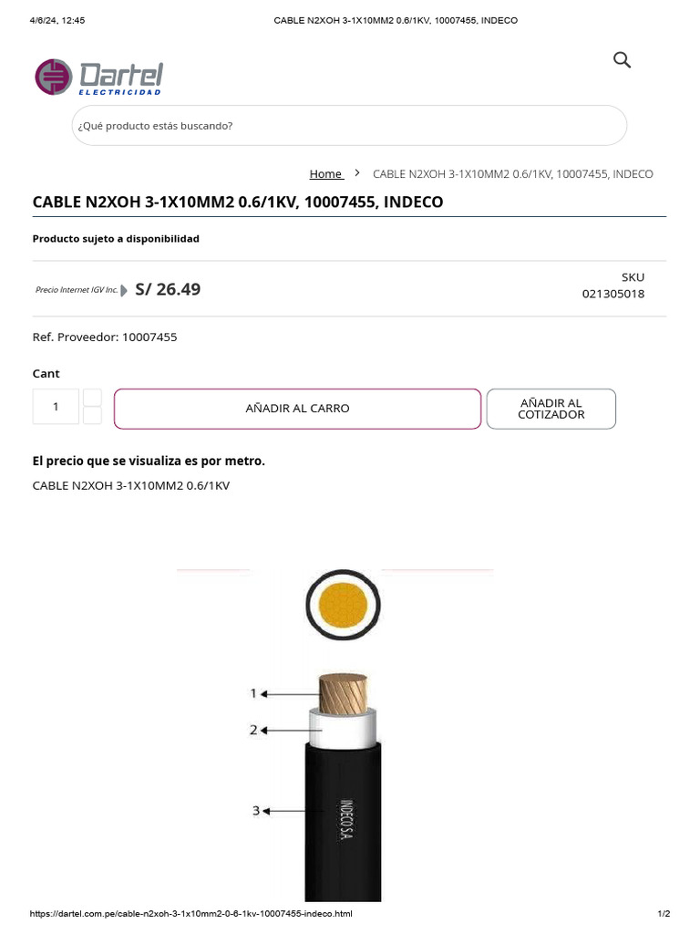Cable N2xoh 3-1X10MM2 0.6 - 1KV, 10007455, Indeco | PDF