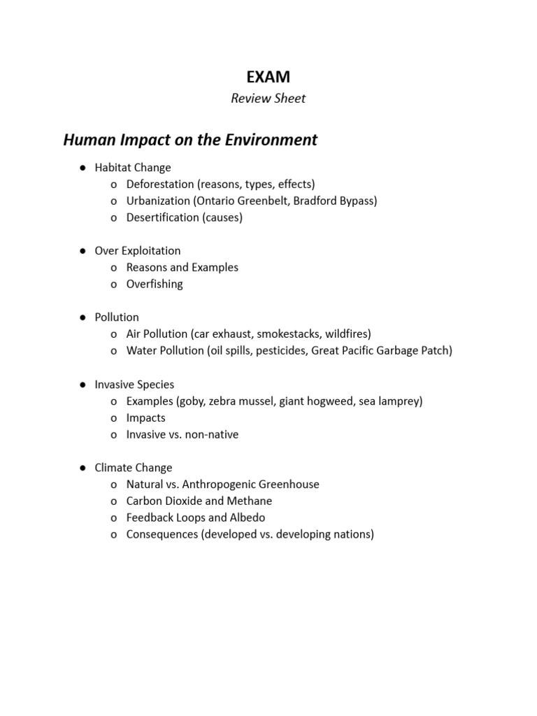 Human Impact on Environment Review Sheet | PDF | Waste | Pollution