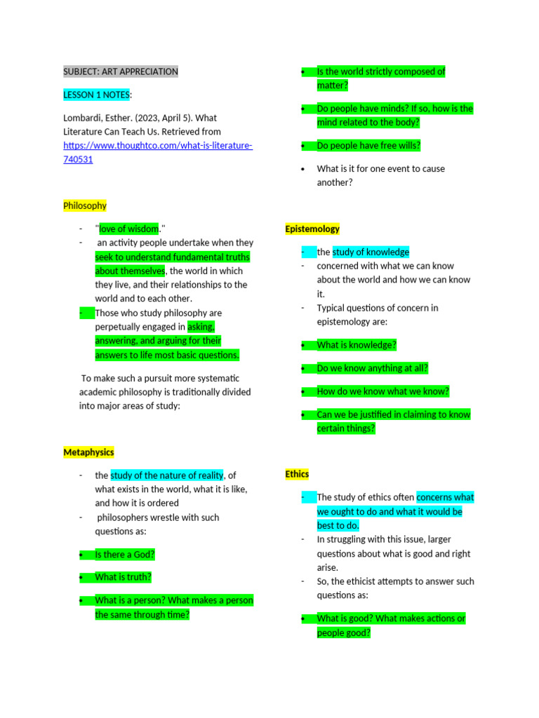 LESSON 1 NOTES | PDF | Reason | Liberal Arts Education