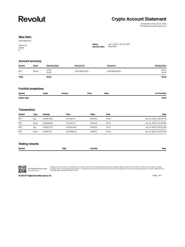 Crypto Account Statement - 2025 01 01 - 2025 01 23 - en - Bfa507 | PDF |  Bitcoin | Cryptocurrency