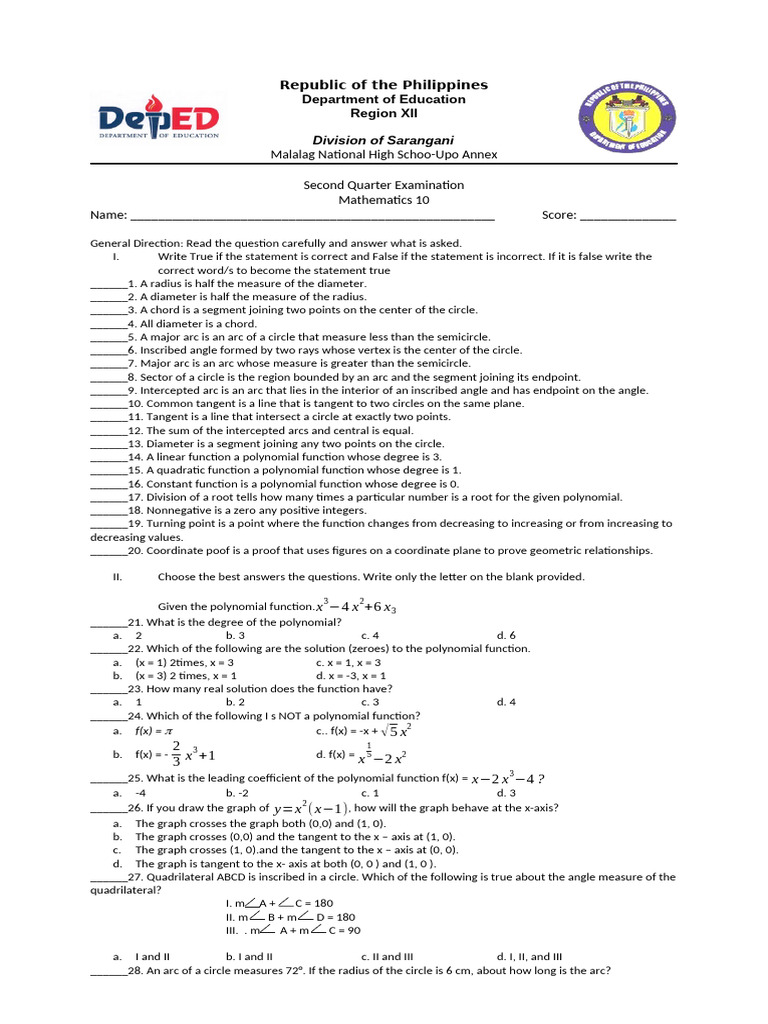 2nd Quarter Exam Grade 10 2024 | PDF | Circle | Angle