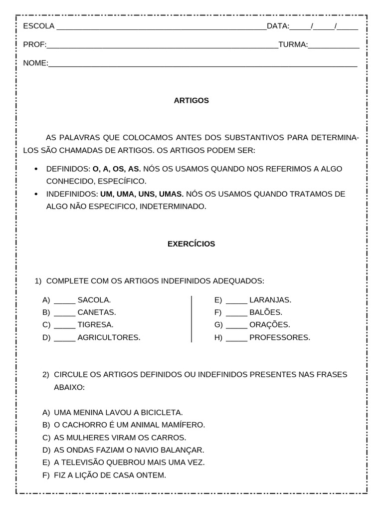 Exercícios sobre Artigos Definidos e Indefinidos | PDF