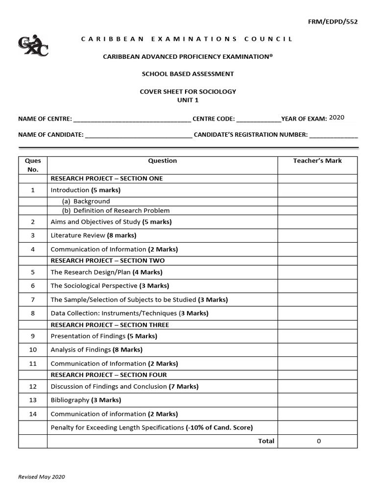 CAPE Soc CoverSheetForESBA Unit1 Fillable May2020 | PDF