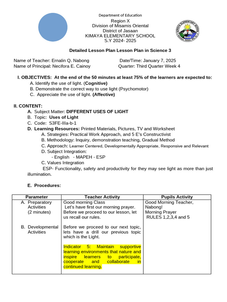 Grade 3 Science Lesson on Light Uses | PDF | Learning | Lesson Plan