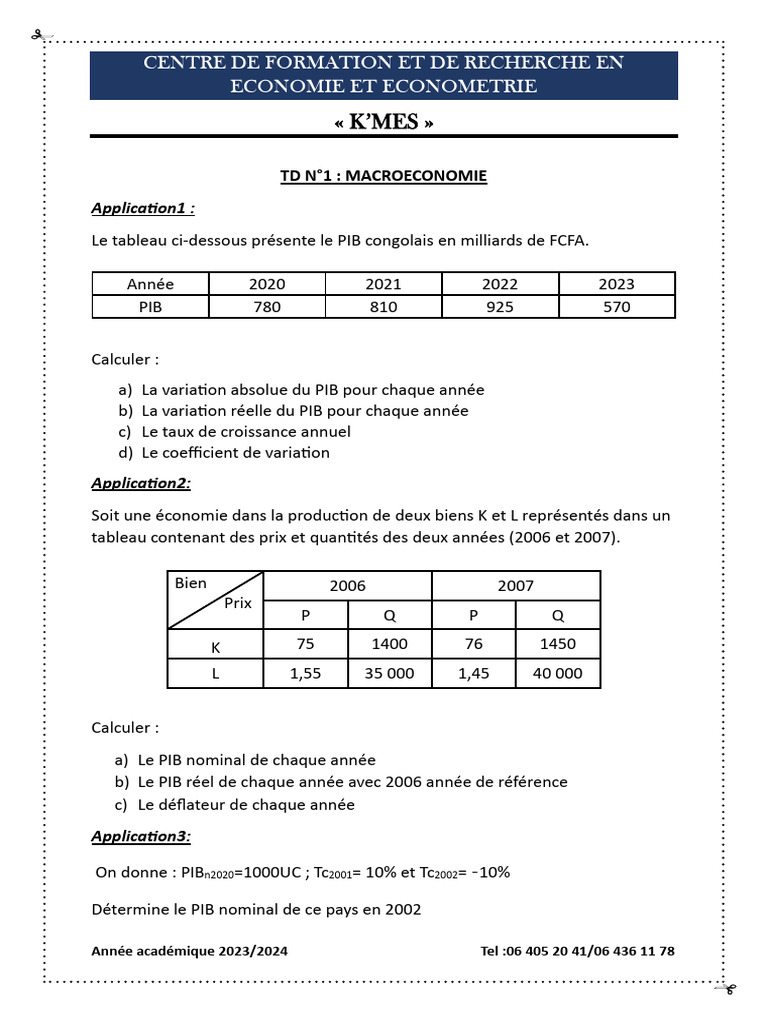 TD de Macroéconomie : Calculs PIB et Croissance | PDF | Produit ...