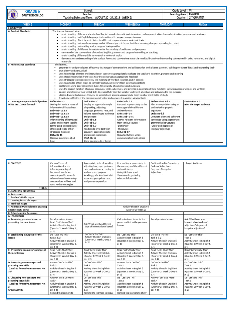 Grade 6 English Lesson Plan | PDF | English Language | Adjective
