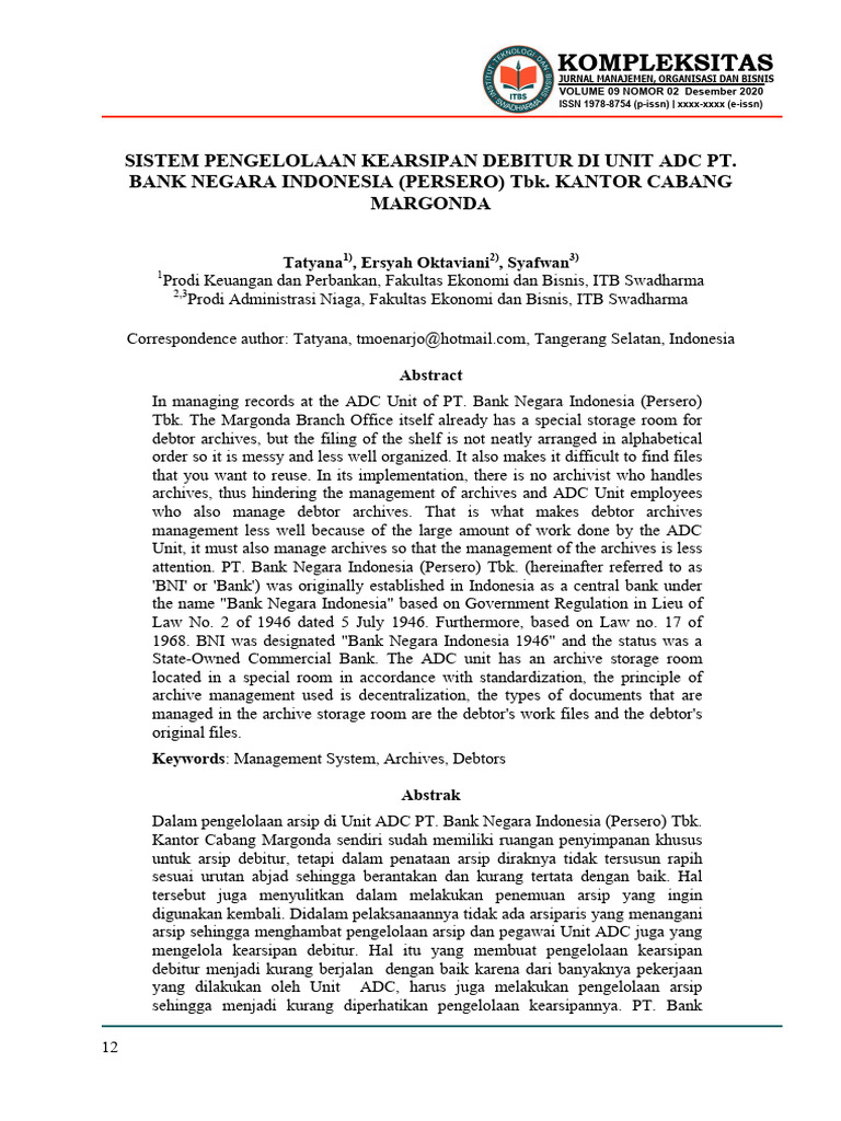Pengelolaan Arsip Debitur di BNI Margonda | PDF