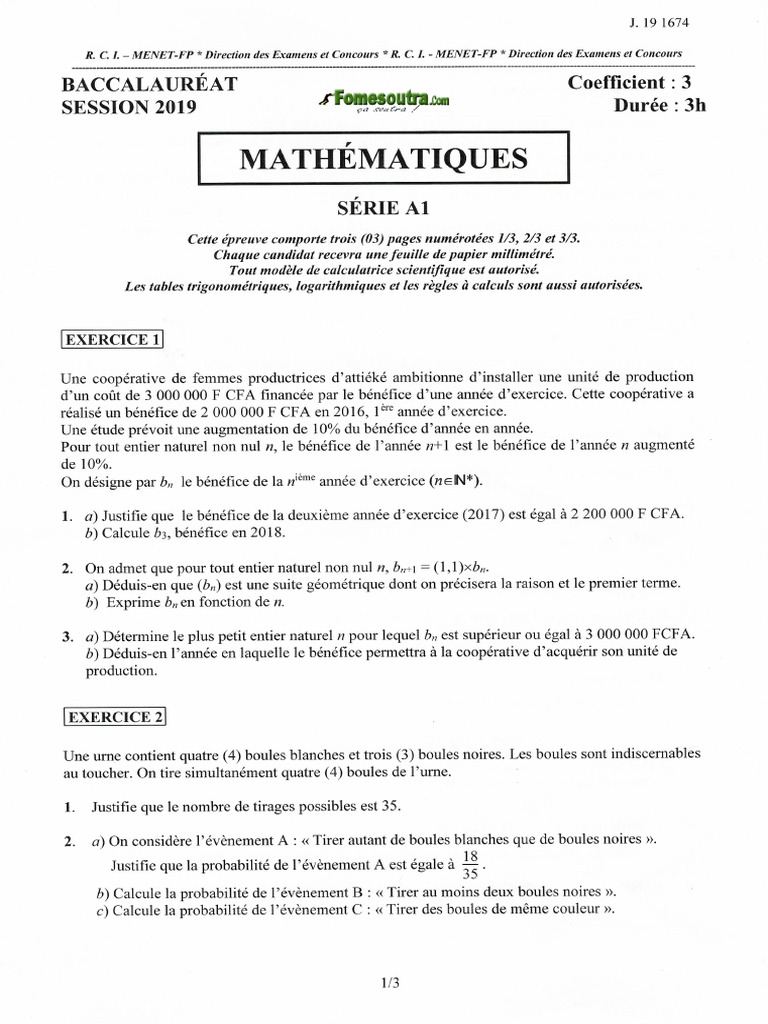 Bac A1 Math 2019 | PDF