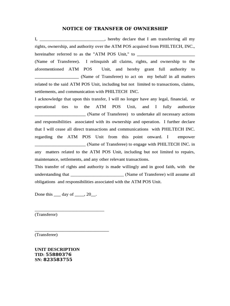 ATM POS Ownership Transfer Notice | PDF
