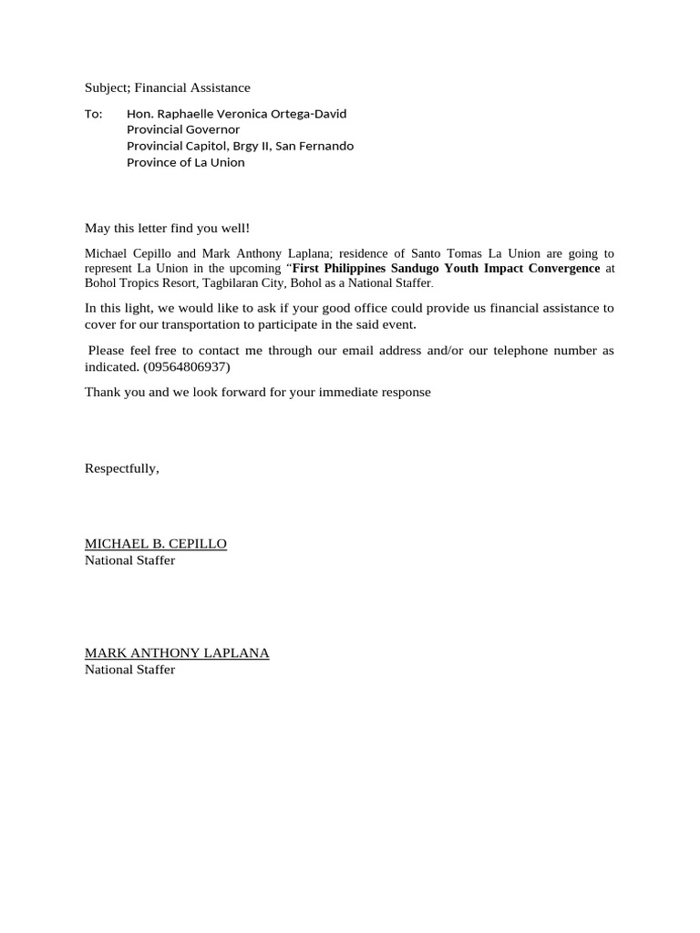 Request for Financial Assistance to Governor | PDF