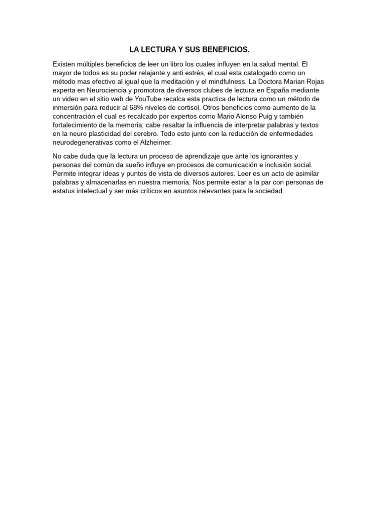 Beneficios de la Lectura en la Salud Mental | PDF