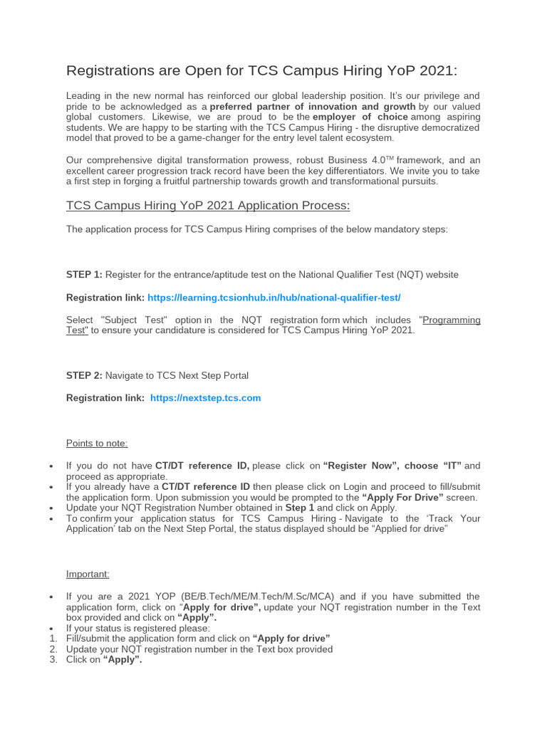 TCS Campus Hiring 2021 Registration Open | PDF