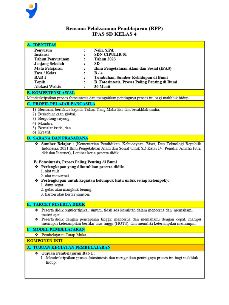 RPP IPAS Kelas 4: Fotosintesis Tumbuhan | PDF