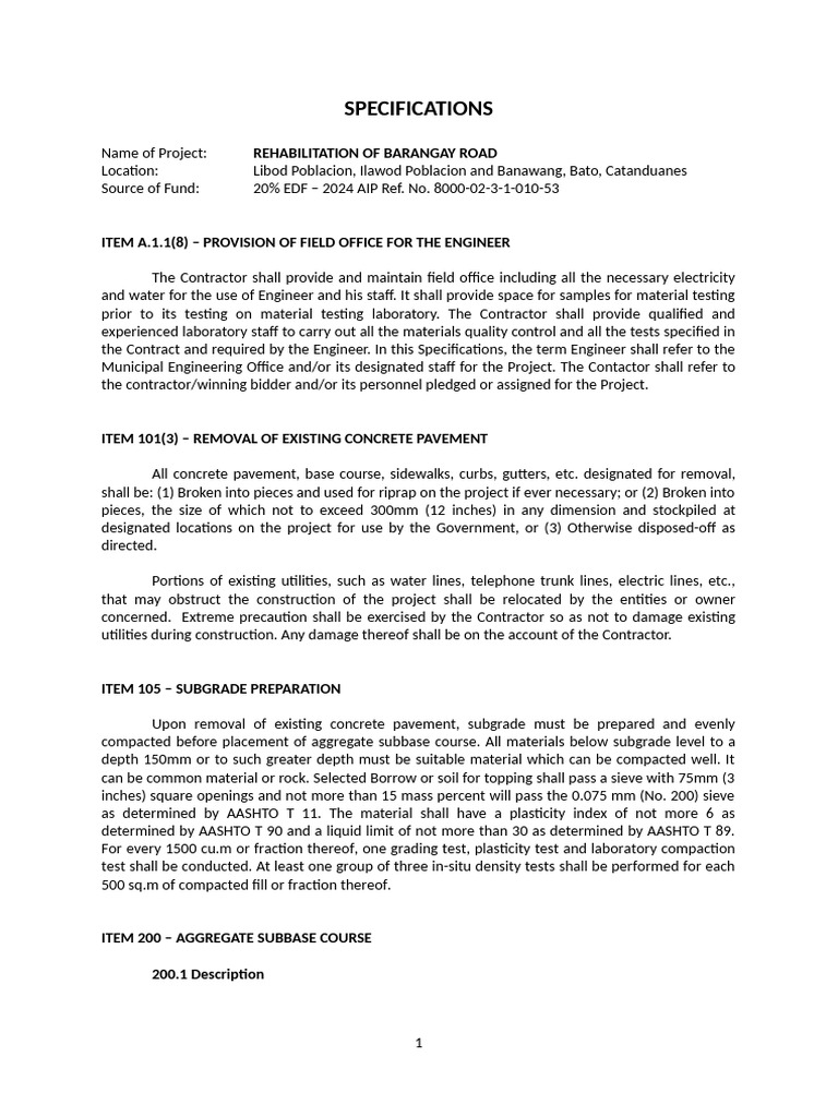 SPECIFICATIONS-Construction of Road | PDF | Concrete | Construction ...