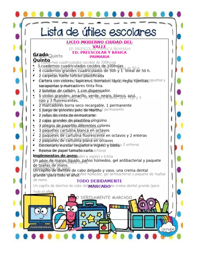 Lista de útiles para quinto grado | PDF